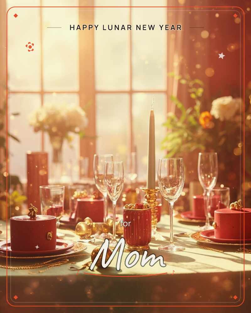 A festively set dinner table glows in warm sunlight streaming through tall windowpanes, with crystal wine glasses, a lit taper candle, and small red…, a lunar new year e-card design