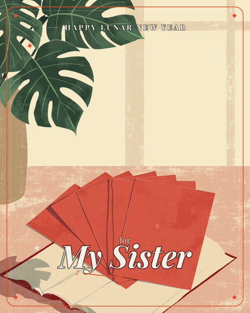 A fan of red book covers spreads open across a pink tabletop beside a sunlit window, with a monstera plant leaning in from a terracotta pot, a lunar new year e-card design