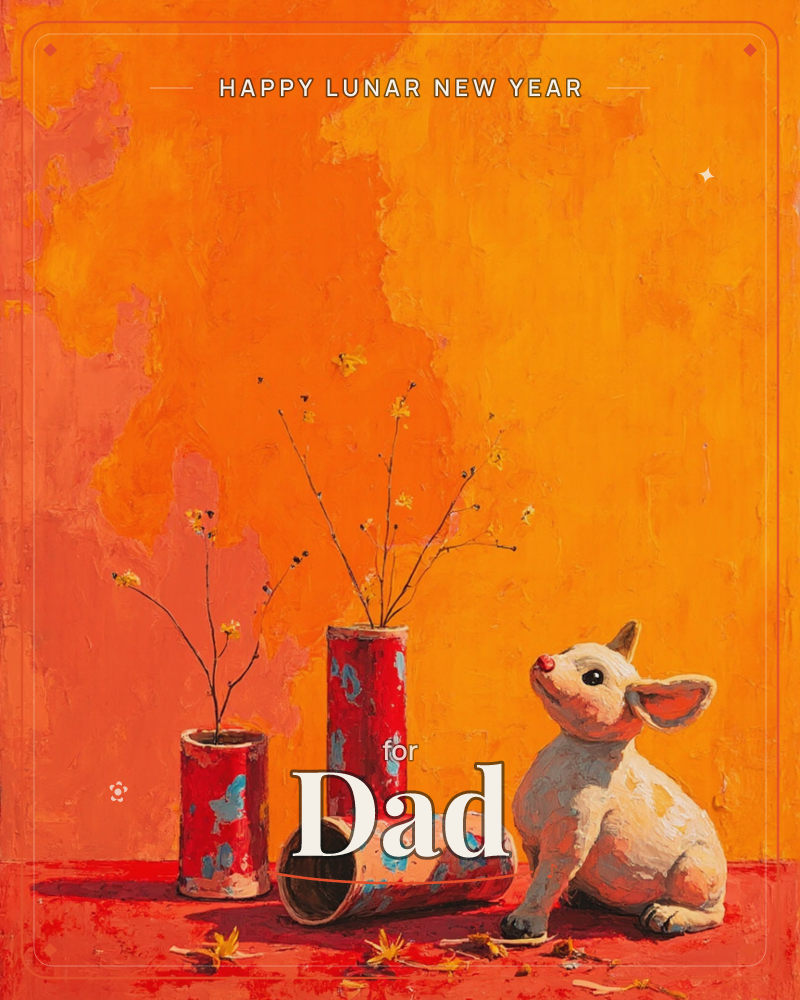 A small white rabbit figure sits on a warm red surface beside three weathered red-and-teal cylinder vases, from which thin twigs with tiny yellow…, a lunar new year e-card design
