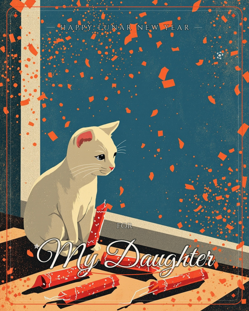 A cream-colored cat sits warily beside a scattering of red firecrackers, orange confetti bursting across a deep teal wall behind it, a lunar new year e-card design