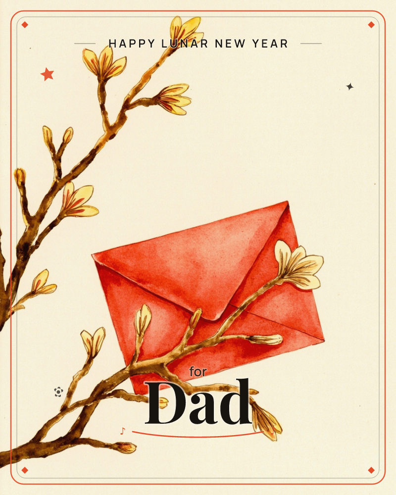 A red envelope rests against a slender branch budding with pale yellow magnolia-like flowers, painted in soft watercolour on a warm cream background, a lunar new year e-card design