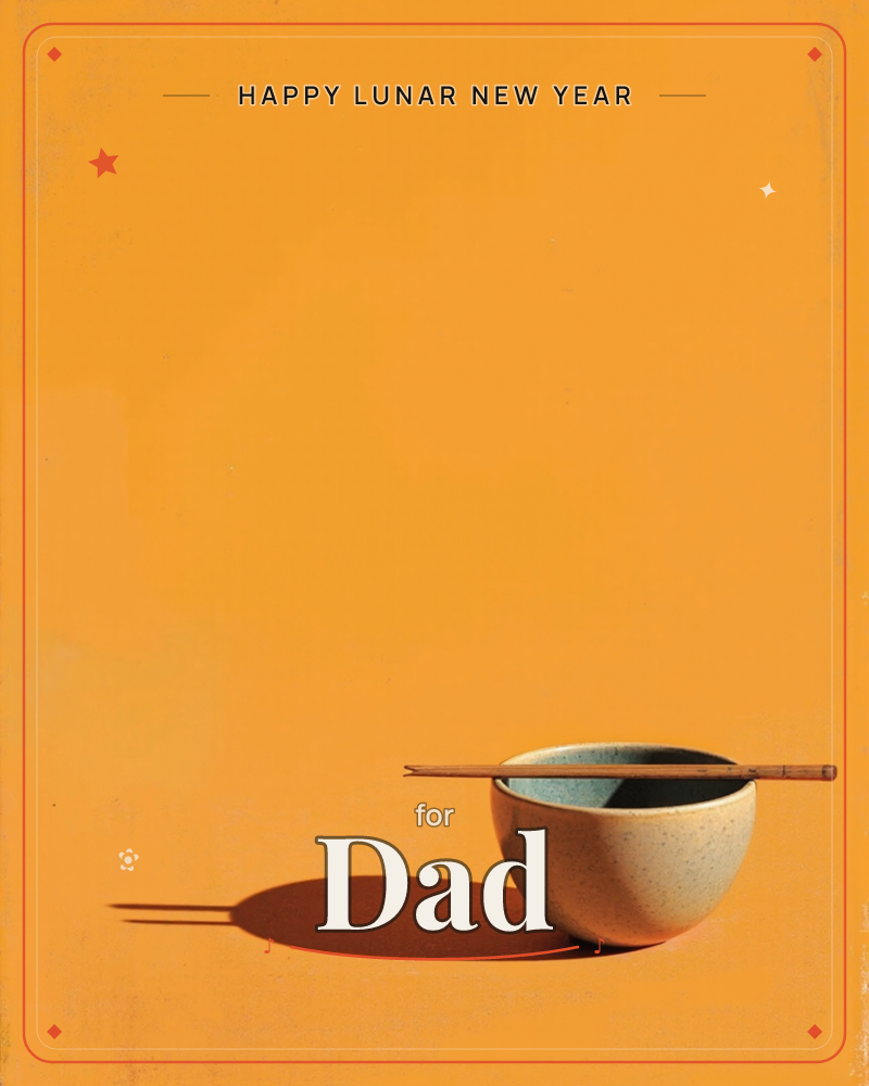 A single speckled ceramic bowl with a pale blue-green interior sits low in the frame against a bold, sun-baked orange background, a lunar new year e-card design
