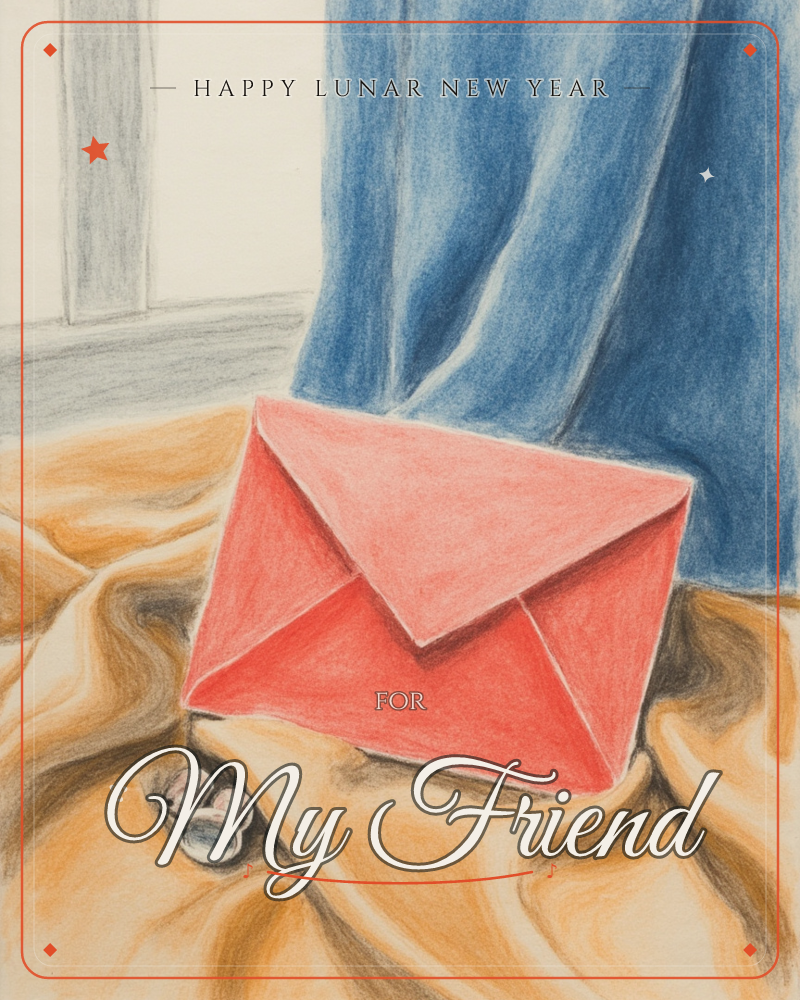 A large red envelope sits on rumpled golden-orange fabric, propped against a heavy blue drape near a window, with two small round berries or buttons…, a lunar new year e-card design