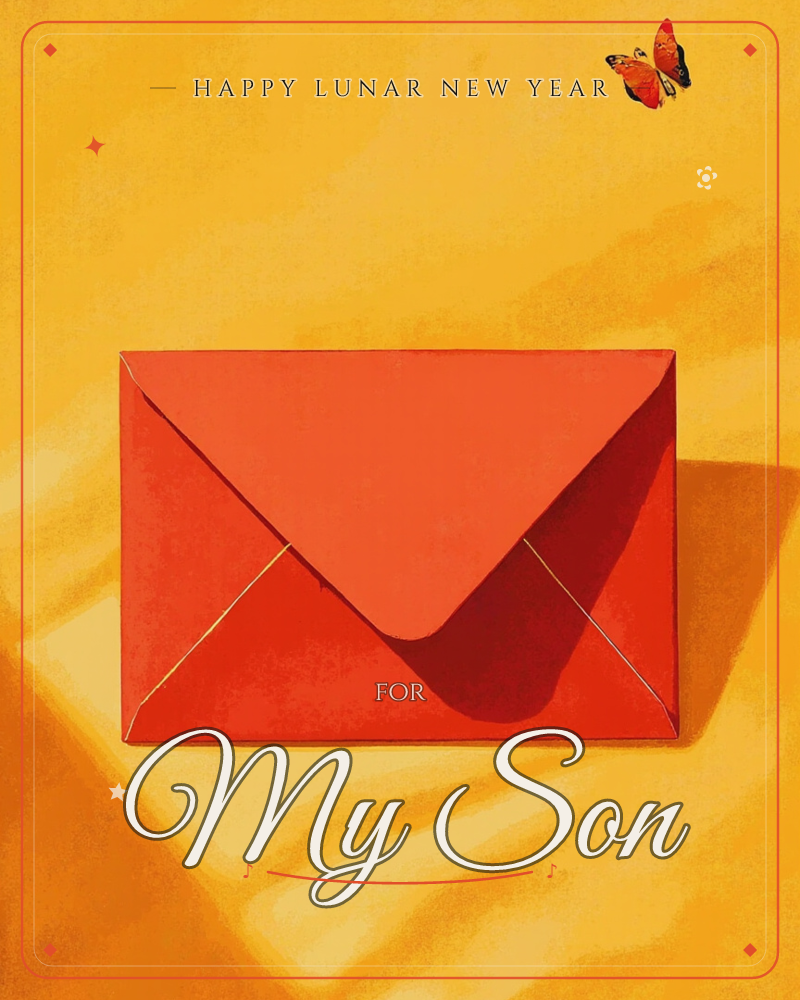 A red envelope sits sealed on a warm mustard-yellow surface, its long shadow stretching across softly rumpled folds of fabric or paper beneath it, a lunar new year e-card design