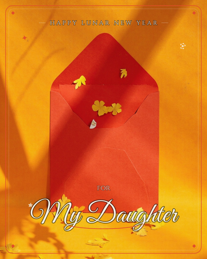 A red envelope stands open against a warm mustard-yellow backdrop, its flap catching dappled leaf-shaped shadows from unseen branches overhead, a lunar new year e-card design