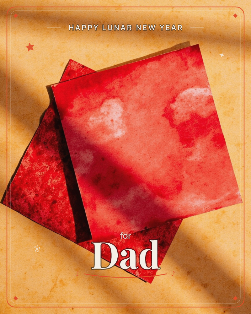 A stack of red envelopes and cards mottled with pale watercolour blotches sits on a warm mustard surface, raking sunlight casting long soft shadows…, a lunar new year e-card design