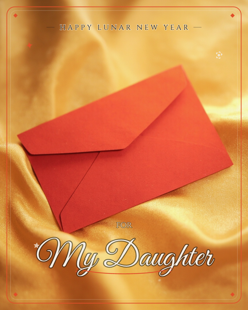 A single red envelope, sealed and unaddressed, rests on a rumpled sweep of gold satin, a lunar new year e-card design