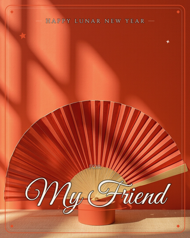 A pleated red paper fan stands fully open atop a small cylindrical stand, its bamboo ribs fanning out against a matching red-orange wall, a lunar new year e-card design