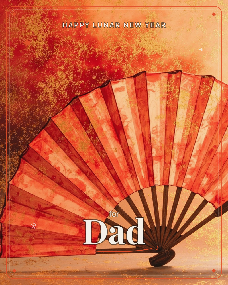 A hand-painted folding fan opens fully against a mottled red-and-copper backdrop, its pleated paper streaked with fiery watercolour washes and flecked…, a lunar new year e-card design