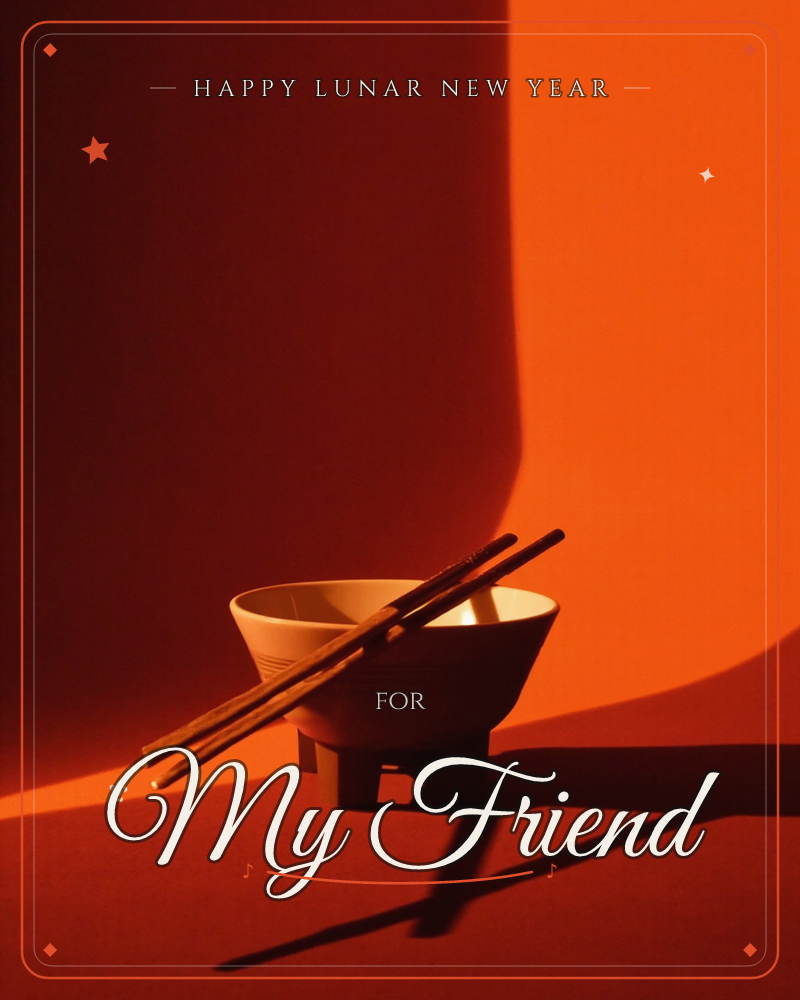 A single ceramic bowl sits on a small footed stand against a wall bathed entirely in deep orange-red light, with wooden chopsticks laid diagonally…, a lunar new year e-card design