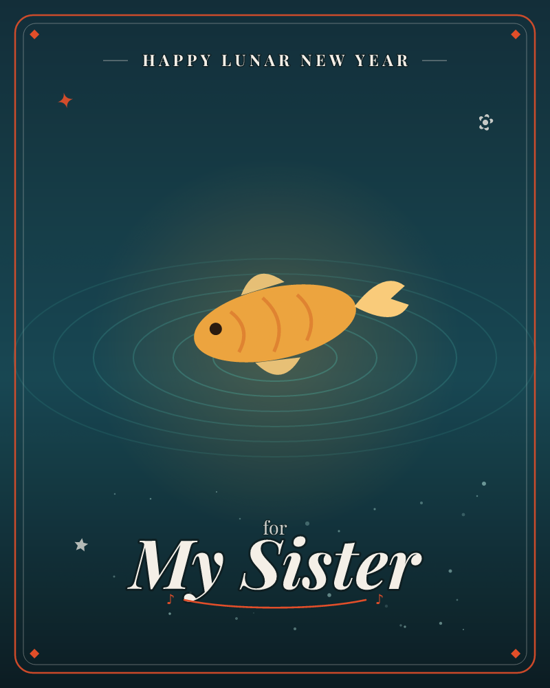 A golden koi turning through still teal water, with soft concentric ripples spreading out around it, a lunar new year e-card design
