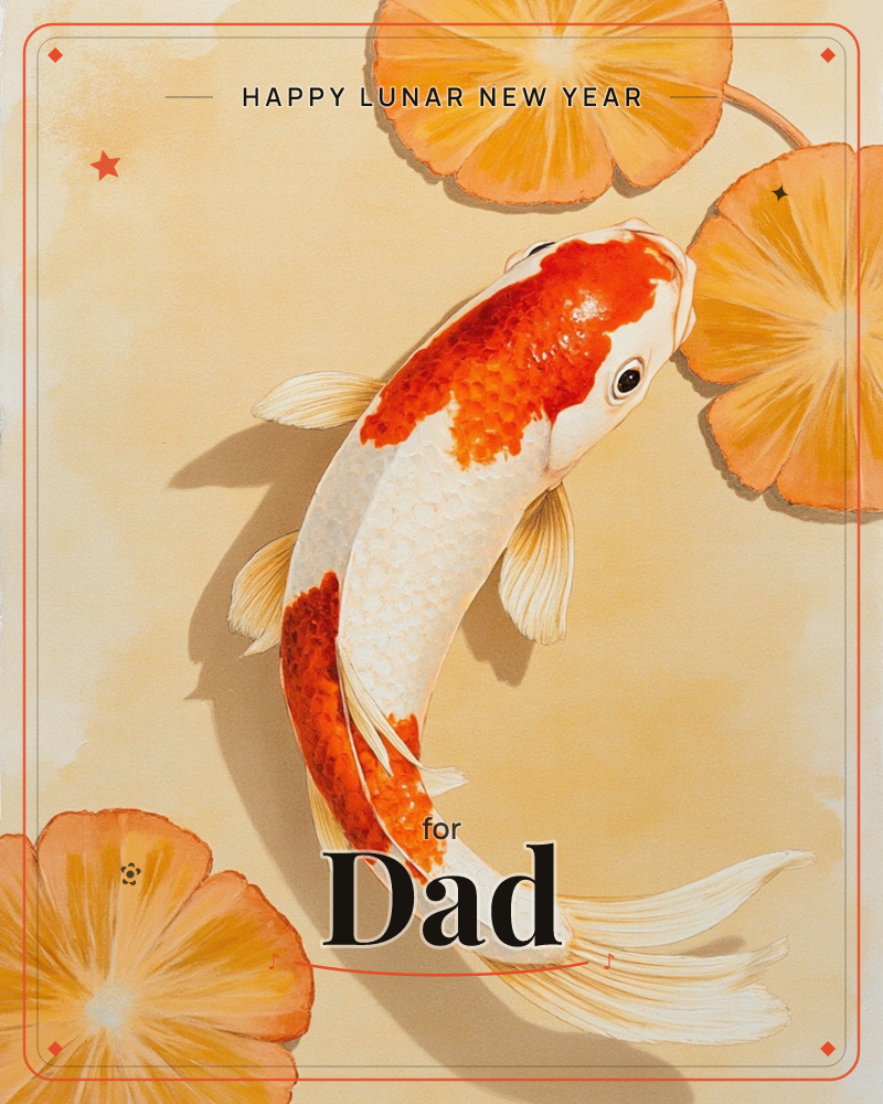 A red and white koi curves gracefully across a warm golden background, its flowing tail trailing beside sunlit lily pads, a lunar new year e-card design