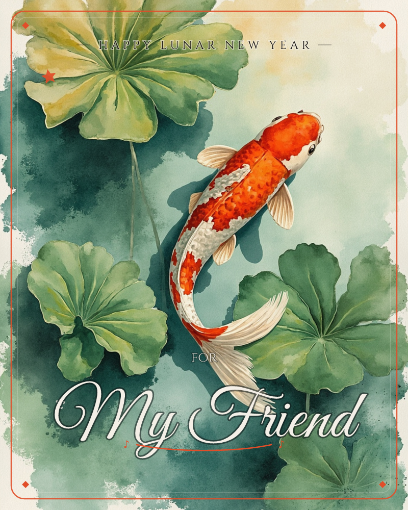An orange and white koi fish glides through a pond seen from above, its body curving between rounded lily pad leaves in shades of sage and teal, a lunar new year e-card design