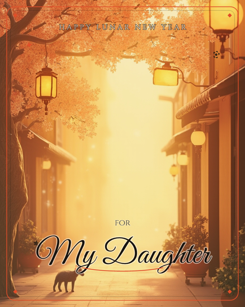 A quiet cobbled lane glows in golden haze, lined with shuttered shopfronts and glowing paper lanterns hung from an old tree and eaves, a lunar new year e-card design