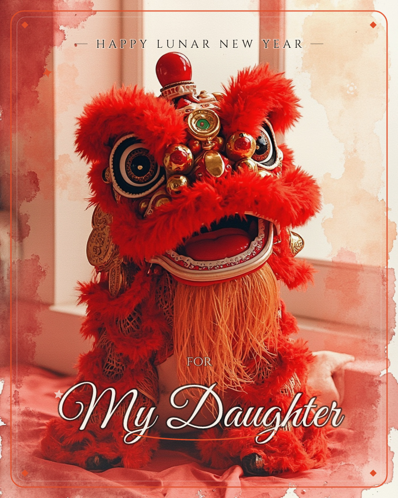 A traditional red lion dance head sits perched on a windowsill, its shaggy fur bristling and gold ornaments catching the soft light, a lunar new year e-card design