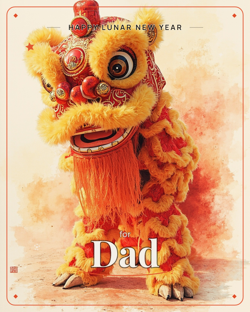 A traditional lion dance costume stands alone against a soft washed background of warm peach and coral, its shaggy golden mane and painted red mask…, a lunar new year e-card design