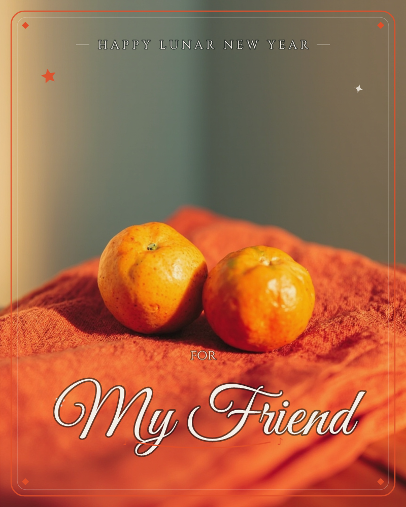 Two small mandarins sit side by side on a rumpled rust-orange linen cloth, caught in a warm slant of late afternoon light, a lunar new year e-card design