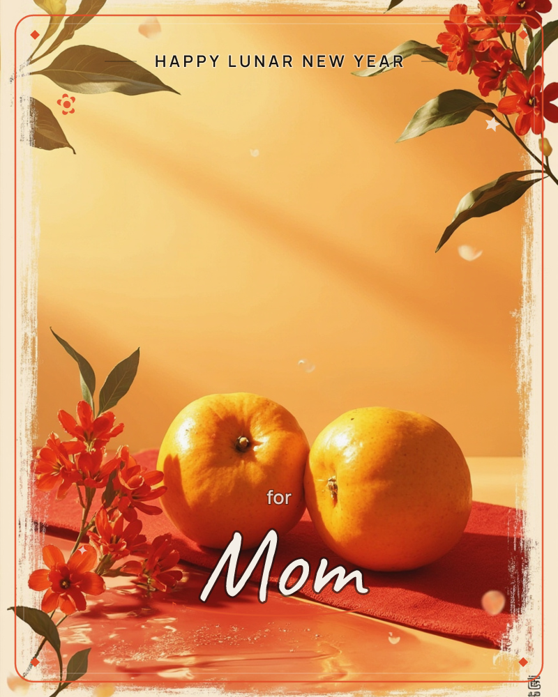 Two glossy oranges rest side by side on a red cloth against a warm golden-lit backdrop, with sprays of small red blossoms and dark green leaves framing…, a lunar new year e-card design