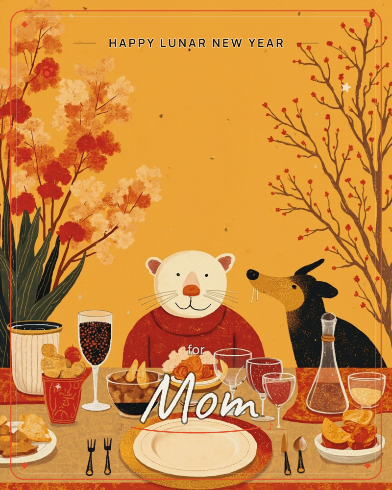 A cheerful cat and a dog sit together at a golden autumn feast, the table crowded with roasted dishes, bread, olives, wine glasses and a carafe, a lunar new year e-card design