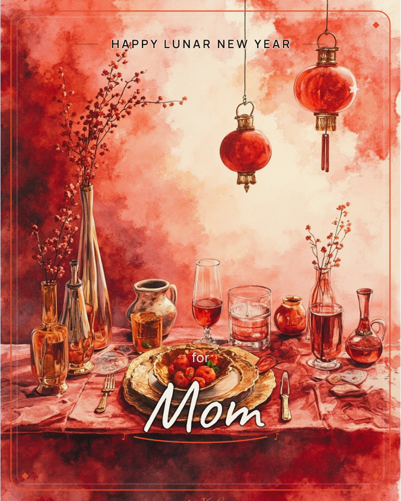 A festive table is set in shades of red and gold, with two round paper lanterns hanging above and slender vases of blossoming branches flanking a…, a lunar new year e-card design