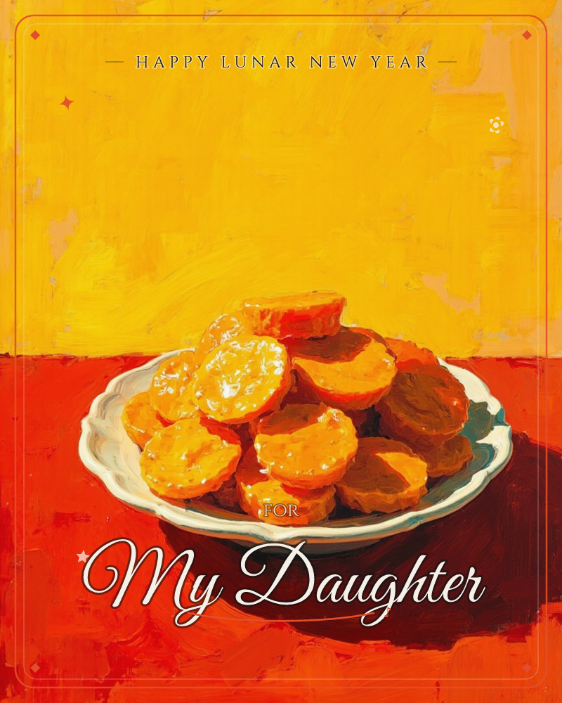 A white scalloped-edge plate is piled high with sliced oranges, their glossy cut faces catching a bright, warm light, a lunar new year e-card design