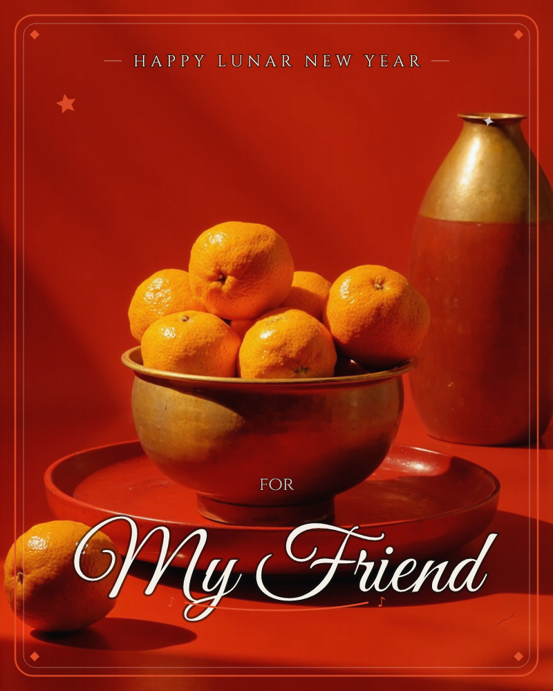 A brass bowl heaped with mandarins sits on a matching red plate, a tall bronze vase and one stray orange placed beside it, a lunar new year e-card design