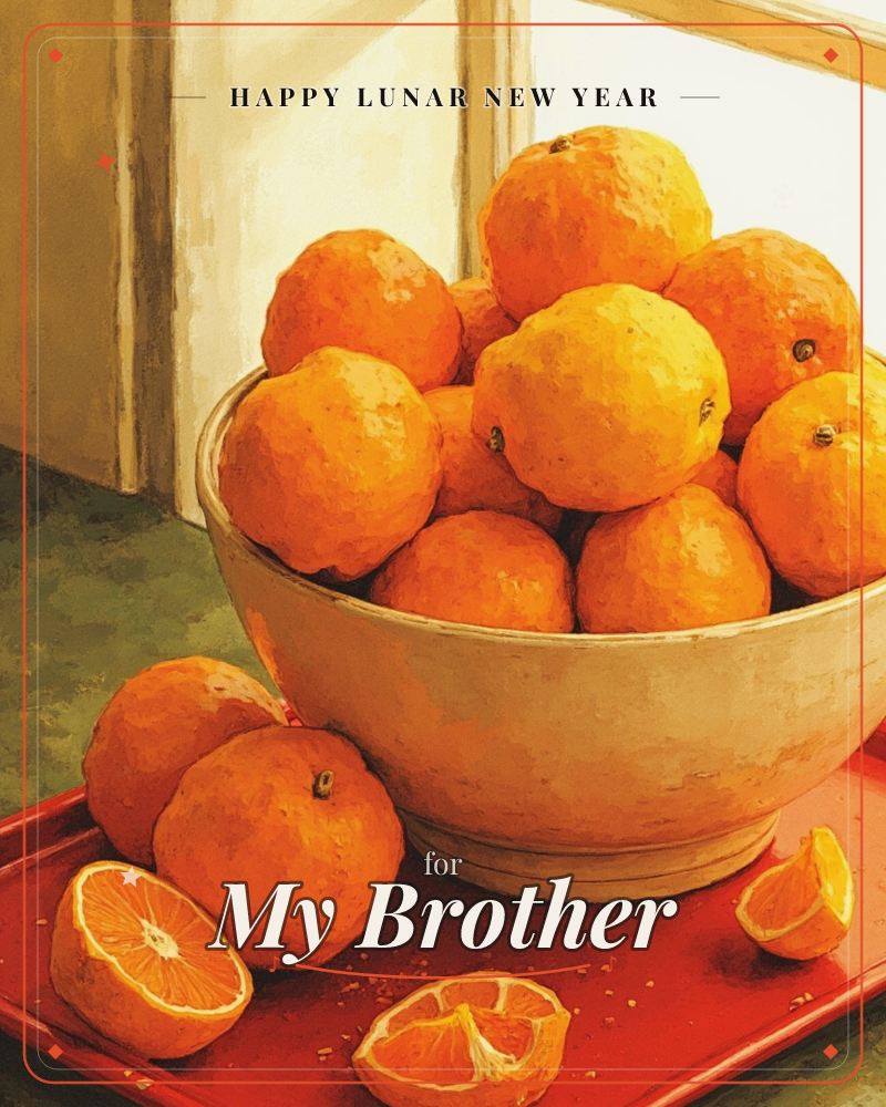 A wide cream bowl piled high with oranges sits on a red tray by a sunlit window, with a few loose oranges and cut wedges scattered beside it, a lunar new year e-card design