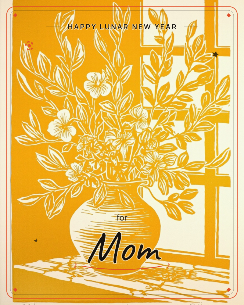 A rounded vase overflows with leafy branches and open five-petalled flowers, set before a windowpane with strong crossbars, a lunar new year e-card design