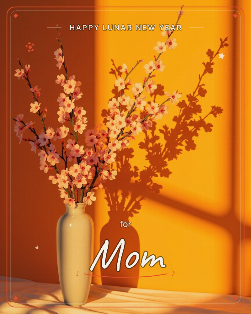 A slender cream vase holds branches of blossom against a glowing orange wall, with late-day sun casting a sharp window-lattice shadow and a dark…, a lunar new year e-card design