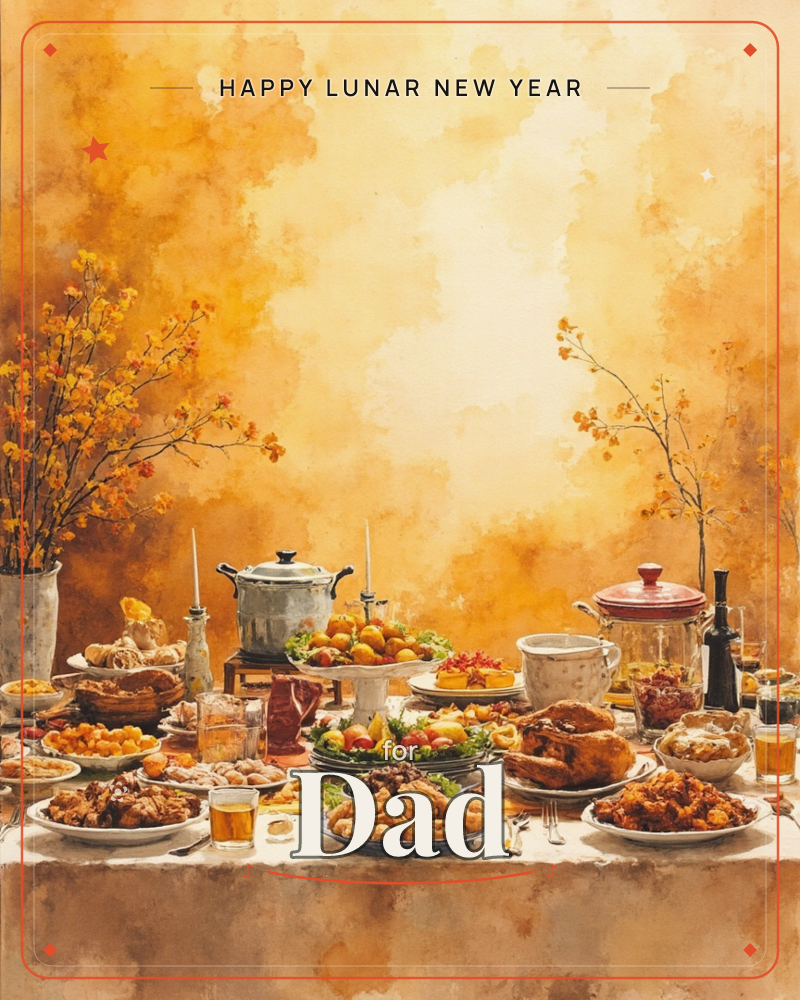 A long table is spread with an autumn feast, roasted poultry, baskets of bread, glazed pastries, bowls of fruit and platters of golden fried food, all…, a lunar new year e-card design