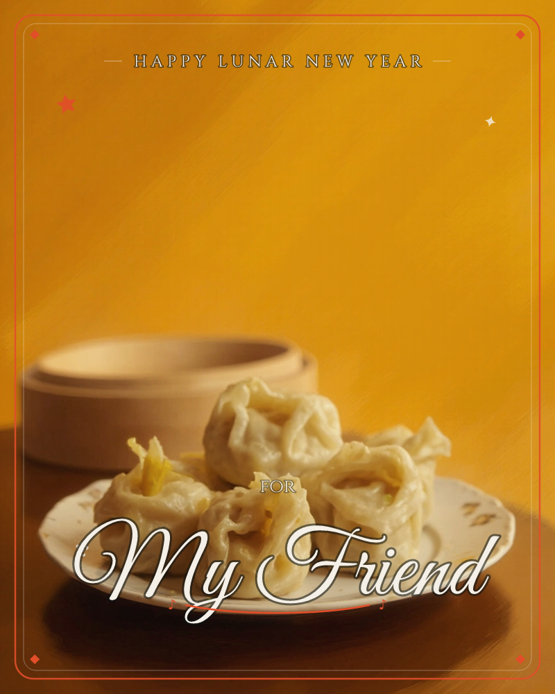 A small white plate holds four dumplings with gathered, pleated tops touched with gold filling, set against a warm mustard-yellow backdrop with soft…, a lunar new year e-card design