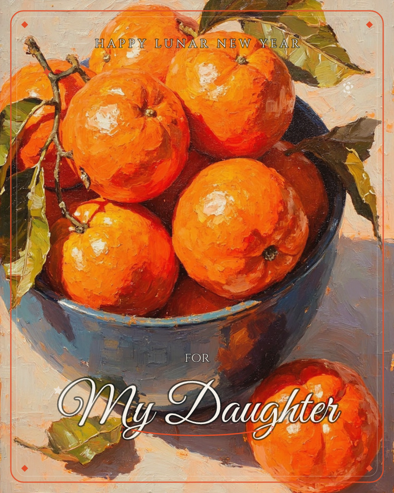 A blue ceramic bowl overflows with sun-ripened oranges, their leaves and stems still attached, painted in thick, glossy strokes of oil that catch a…, a lunar new year e-card design