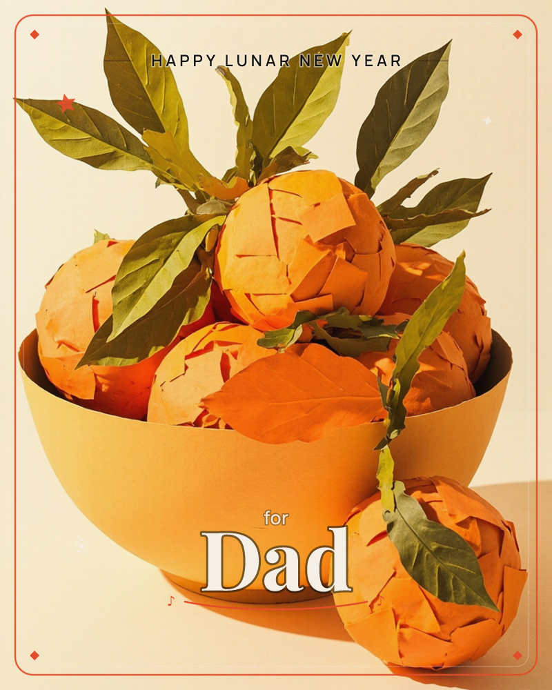 A yellow bowl holds a heap of paper-crafted oranges, their peel textured in overlapping folded segments and topped with crisp green paper leaves, with…, a lunar new year e-card design
