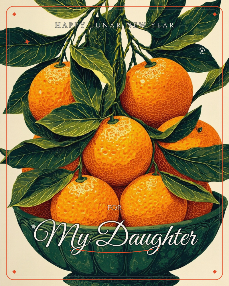 A carved green stone bowl overflows with plump oranges still attached to their leafy branches, the fruit rendered in dense dotted texture against…, a lunar new year e-card design