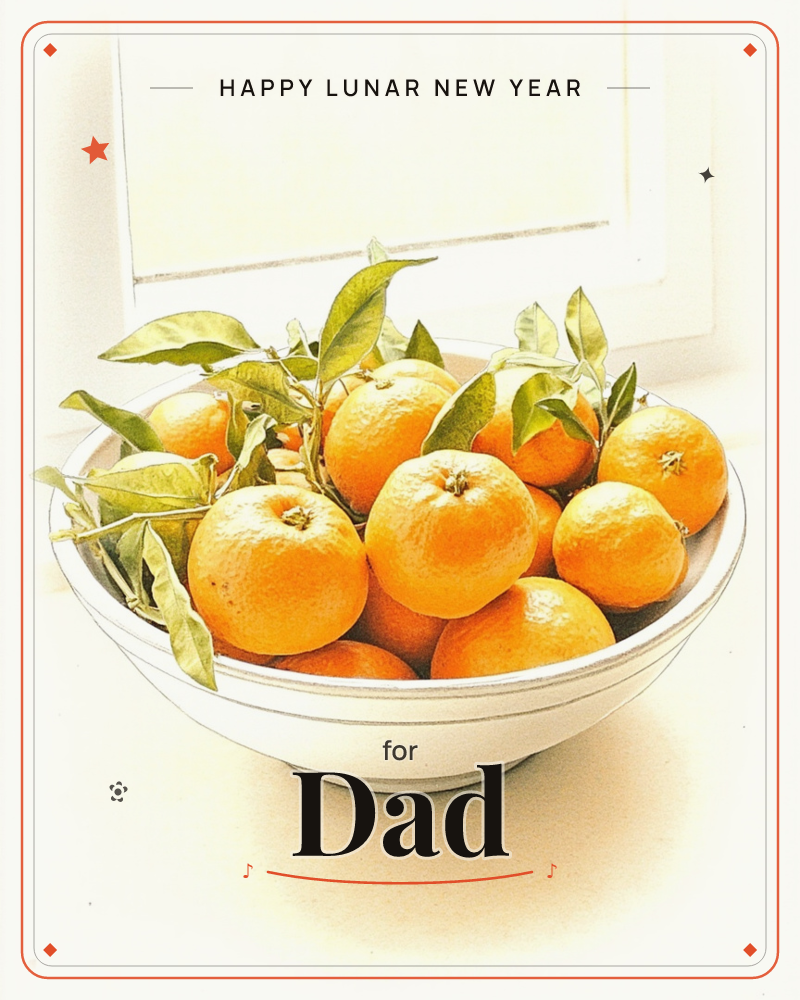 A white ceramic bowl piled high with clementines, their leafy stems still attached, sits before a sunlit windowpane, a lunar new year e-card design