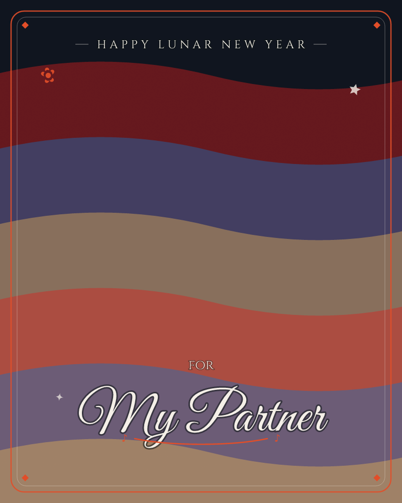 Wide undulating bands of colour ripple across the card like layered dunes or a folded ribbon, moving from deep near-black at the top edge down through…, a lunar new year e-card design by @DittyCityTeam