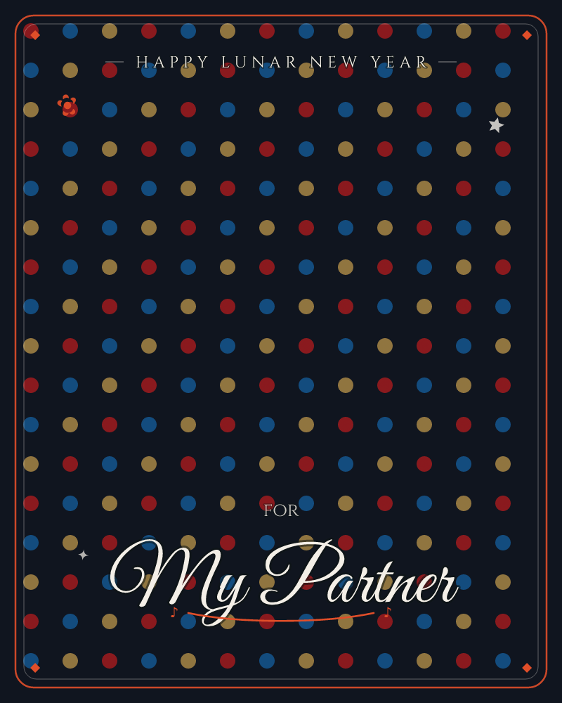 A dark navy background is covered in a neat grid of small polka dots in red, gold, and blue, repeating evenly across the whole card, a lunar new year e-card design by @DittyCityTeam