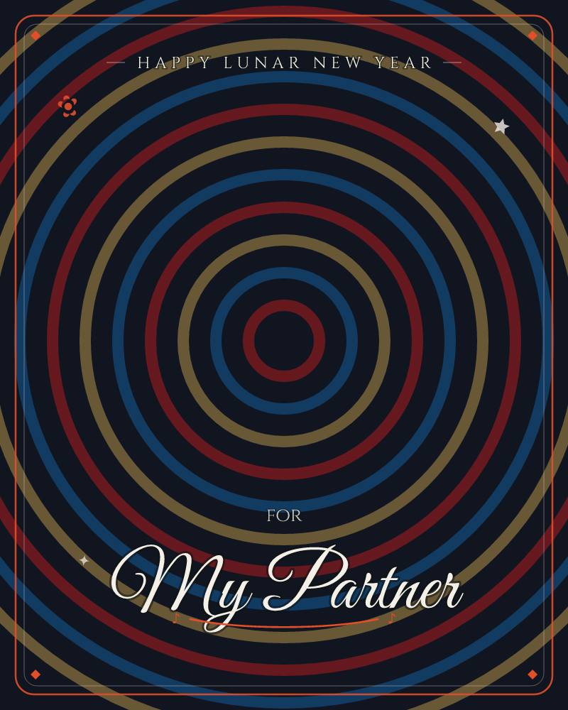 A hypnotic series of concentric rings ripples outward from a dark centre, alternating in red, gold and blue against a near-black background, a lunar new year e-card design by @DittyCityTeam