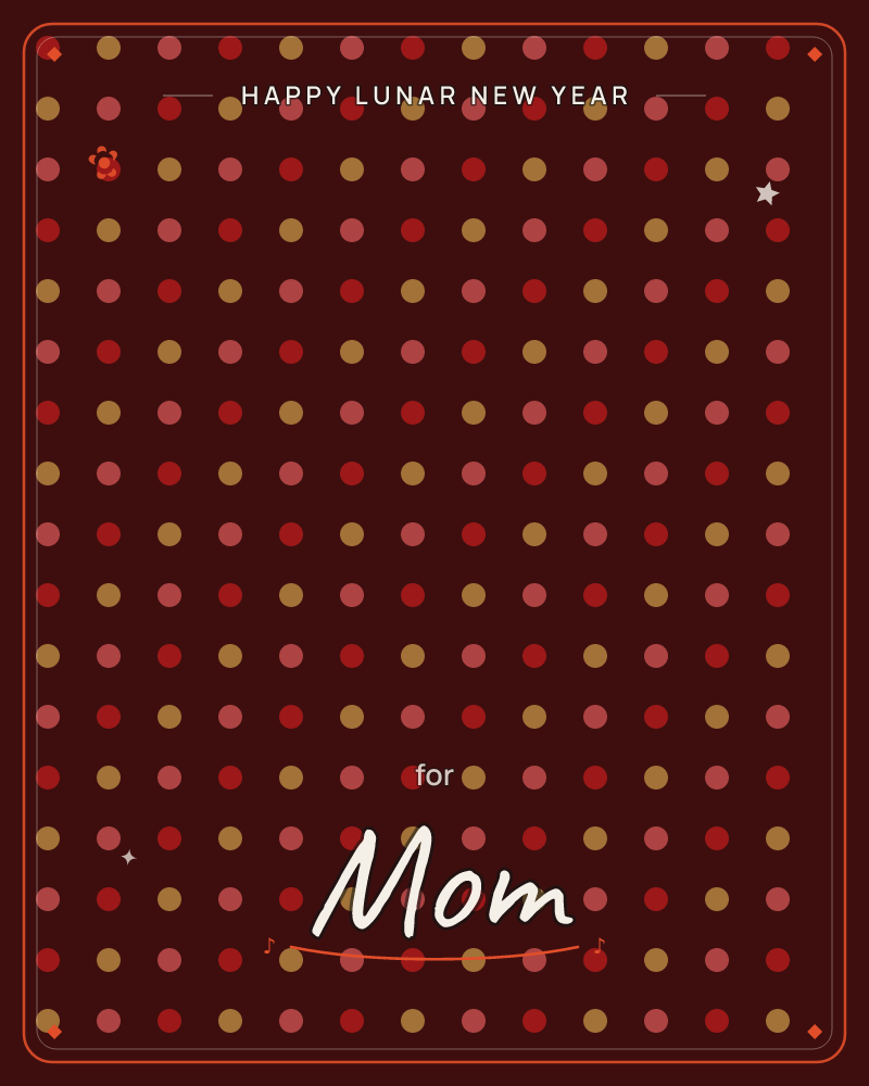 A dense grid of small polka dots covers the card in rows and columns, each dot a slightly different shade of red, pink, gold or rust, a lunar new year e-card design by @DittyCityTeam