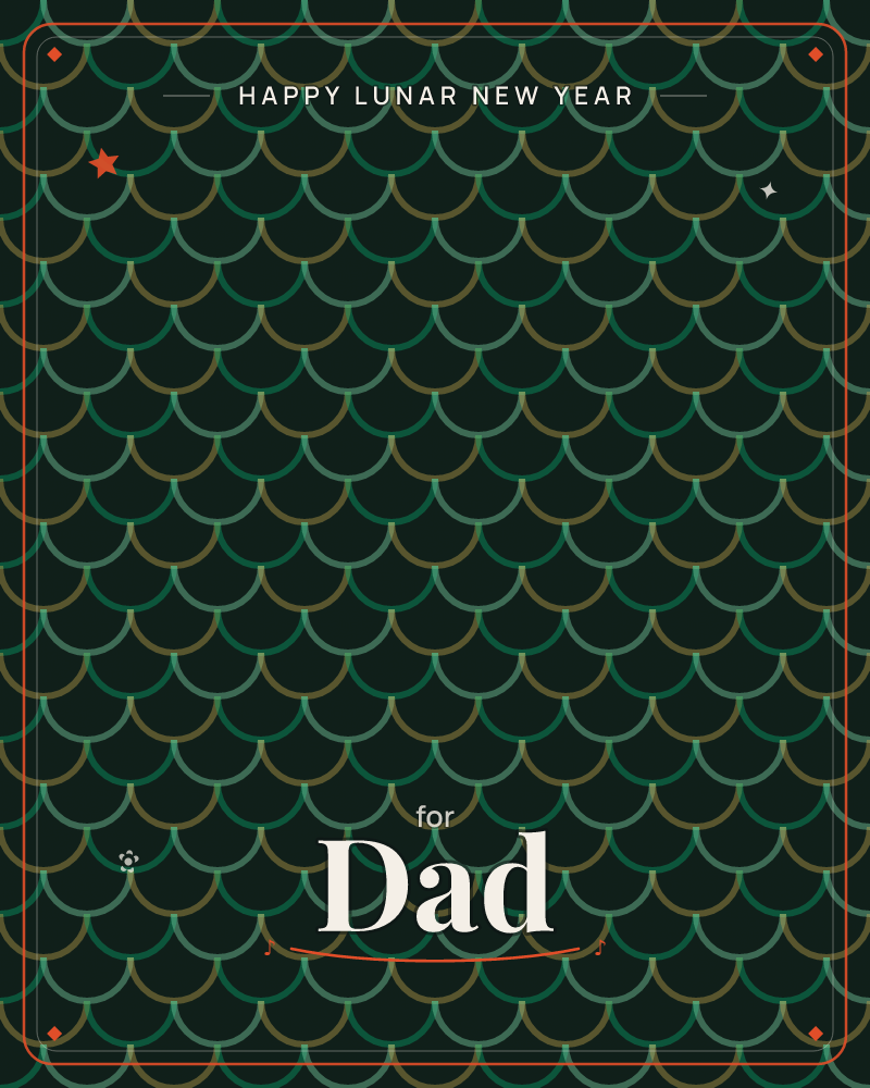 A repeating pattern of scalloped arcs covers the card like overlapping fish scales or roof tiles, each row outlined in emerald, teal and antique gold…, a lunar new year e-card design by @DittyCityTeam