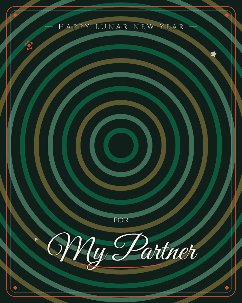 A hypnotic set of concentric rings ripples outward from a single dark centre point, alternating deep emerald, muted sage, and dull gold against an…, a lunar new year e-card design by @DittyCityTeam