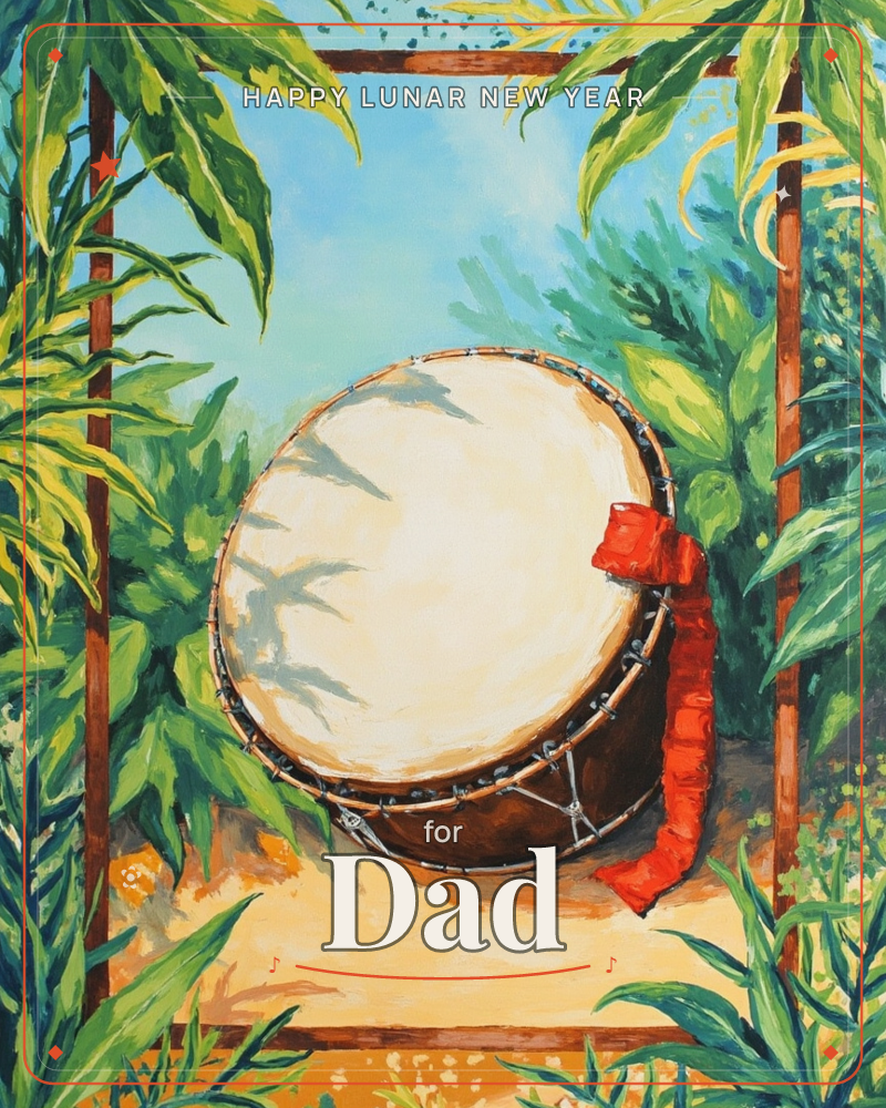 A hand drum with a pale rope-laced skin and a bright red cord tassel sits framed by a rustic wooden doorway, surrounded by tall tropical leaves and…, a lunar new year e-card design