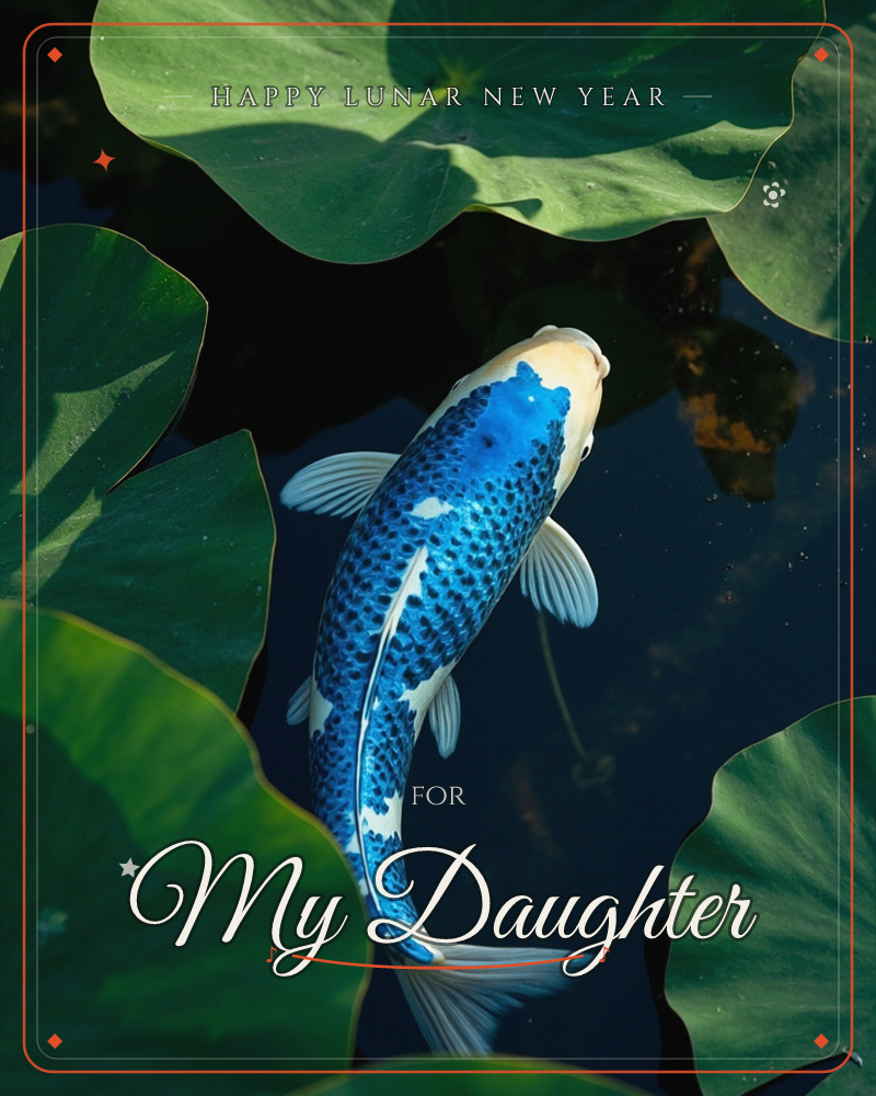A blue and white koi glides through dark pond water, framed by broad lily pad leaves catching the sunlight from above, a lunar new year e-card design