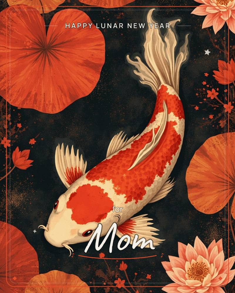 A large orange and cream koi fish glides diagonally across a deep black pond backdrop, its flowing tail and fins trailing like silk, a lunar new year e-card design