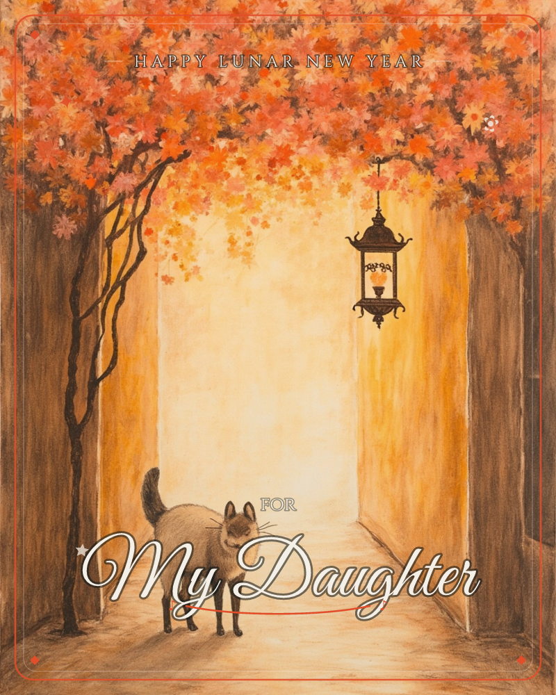 A siamese cat stands alone in a narrow, warm-toned alleyway, glancing back over its shoulder beneath a canopy of autumn maple leaves in orange and red, a lunar new year e-card design