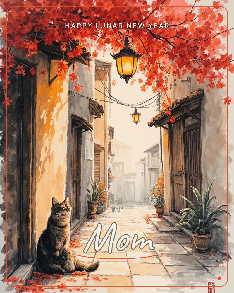 A quiet stone alleyway is canopied by a sweep of deep red maple leaves, with two glowing lanterns strung between old plaster walls, a lunar new year e-card design