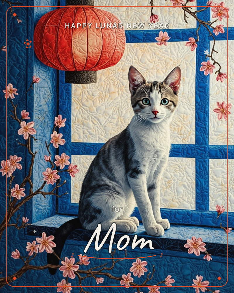 A tabby-and-white cat sits poised on a blue lattice windowsill, framed by cherry blossom branches and a glowing red paper lantern hanging above, a lunar new year e-card design