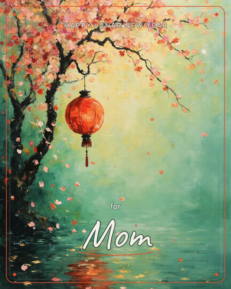 A red paper lantern hangs from the branch of a blossoming tree, its glow reflected in still water below, a lunar new year e-card design