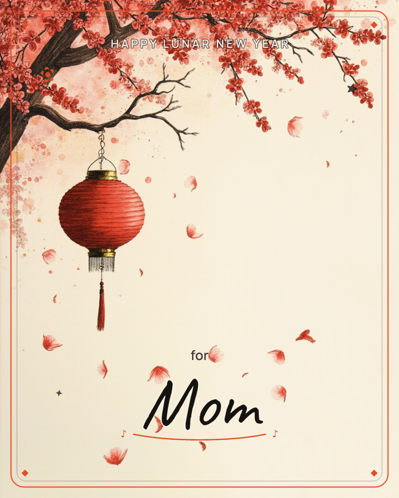 A red paper lantern with gold trim and a tasseled cord hangs from a blossoming branch, its silk ribs glowing against a soft cream backdrop, a lunar new year e-card design