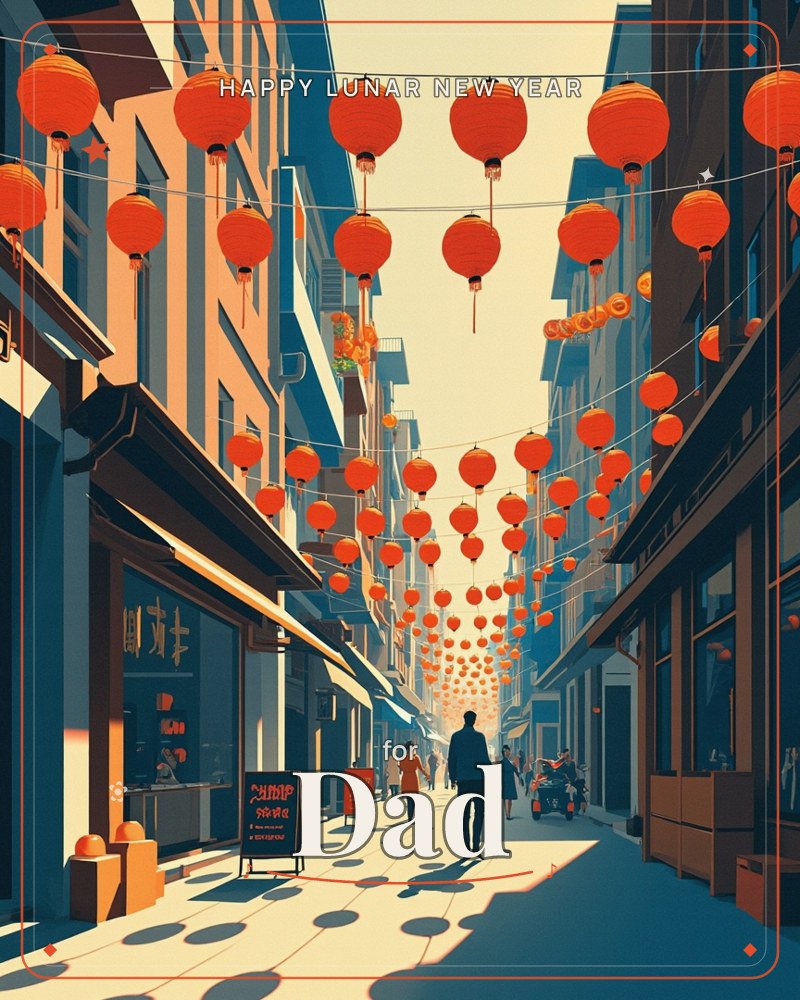 A narrow city street is strung with rows of round orange lanterns swaying between tall buildings, their glow warming the pale afternoon sky, a lunar new year e-card design